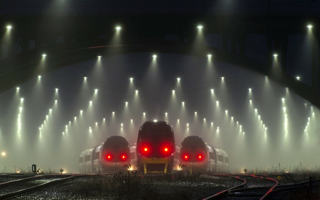 trains railway night lights mist